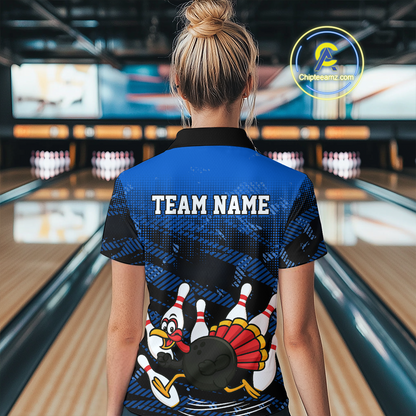 Custom Blue Funny Turkey Bowling Jersey for Women Thanksgiving Bowling Team Shirts Polo & 1/4 Zip HNT125