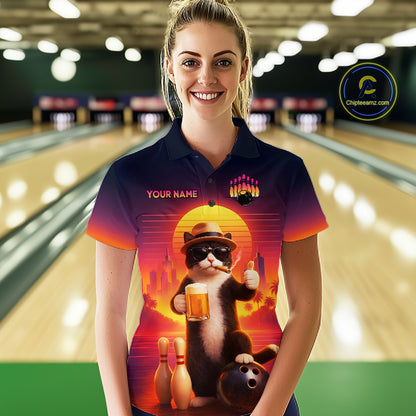 Custom Beer Cat Retro Bowling Shirt for Women Cat Funny Beer Bowling Team Jersey Polo &1/4 Zip HNT275