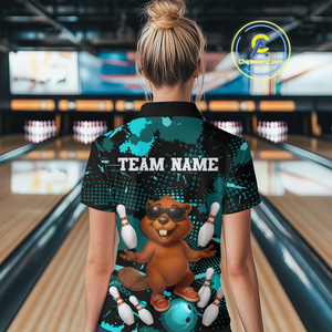 Custom Teal Funny Beaver Bowling Team Shirt Women Bowling League Jersey Polo Bowling Outfit QZT764