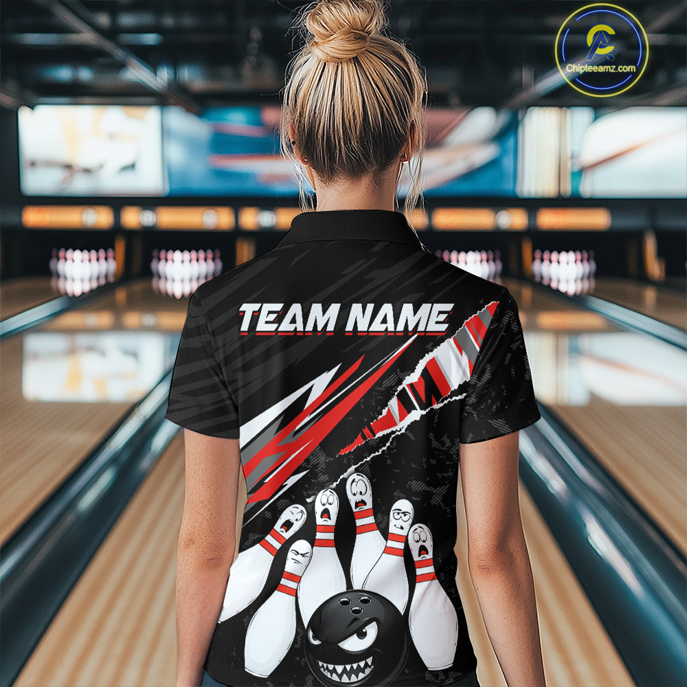 Custom Red Funny Bowling Jersey for Women Bowling Uniform Polo & 1/4 Zip Bowling Team Shirts HNT128