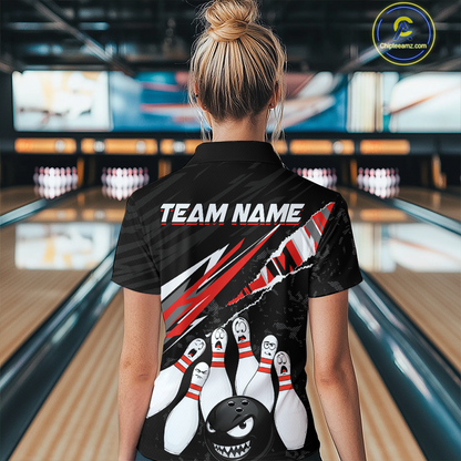 Custom Red Funny Bowling Jersey for Women Bowling Uniform Polo & 1/4 Zip Bowling Team Shirts HNT128