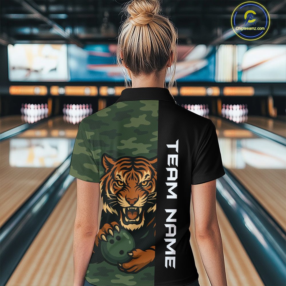 Custom Tiger Bowling Shirts for Team Women Men Camo Green Bowling Polo & 1/4 Zip Shirt MBL184