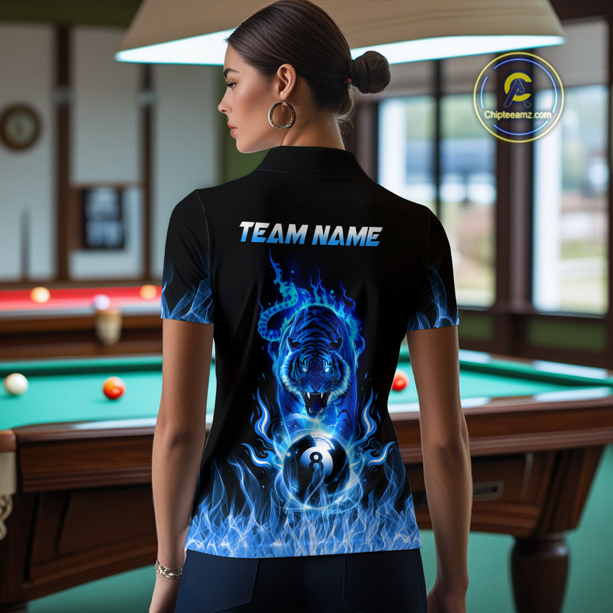 Custom Blue Tiger Flaming 8 Ball Pool Women Billiard Polo & 1/4 Zip Shirts Billiard Team Shirt NNT79