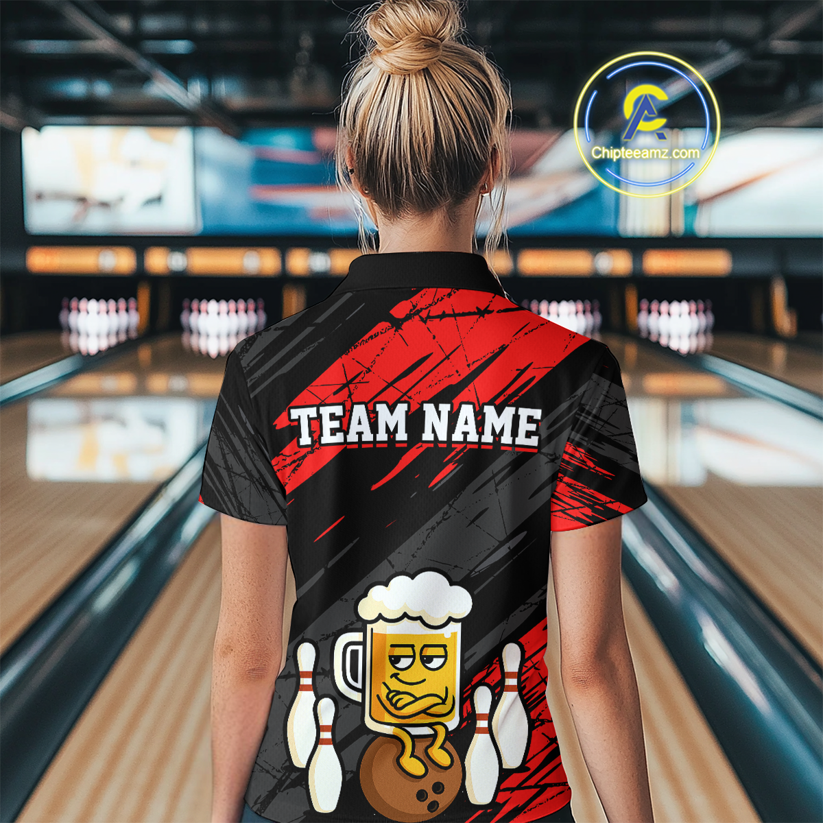 Custom Red Funny Beer Bowling Jersey for Women Bowling Uniform Polo & 1/4 Zip Bowling Team Shirts HNT107
