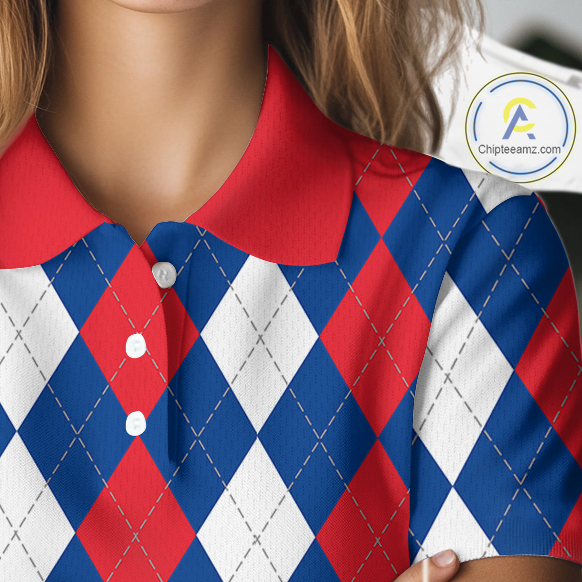 Women golf polo shirt custom red, white and blue argyle plaid pattern golf attire for ladies NQS9847