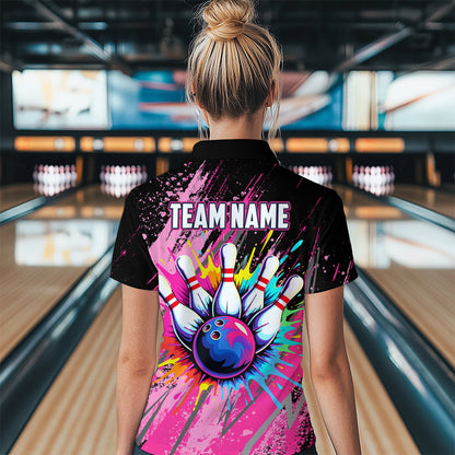 Custom Pink Bowling Shirt for Women Men Bowling Water Color Bowling Polo & 1/4 Zip Shirts MBL37