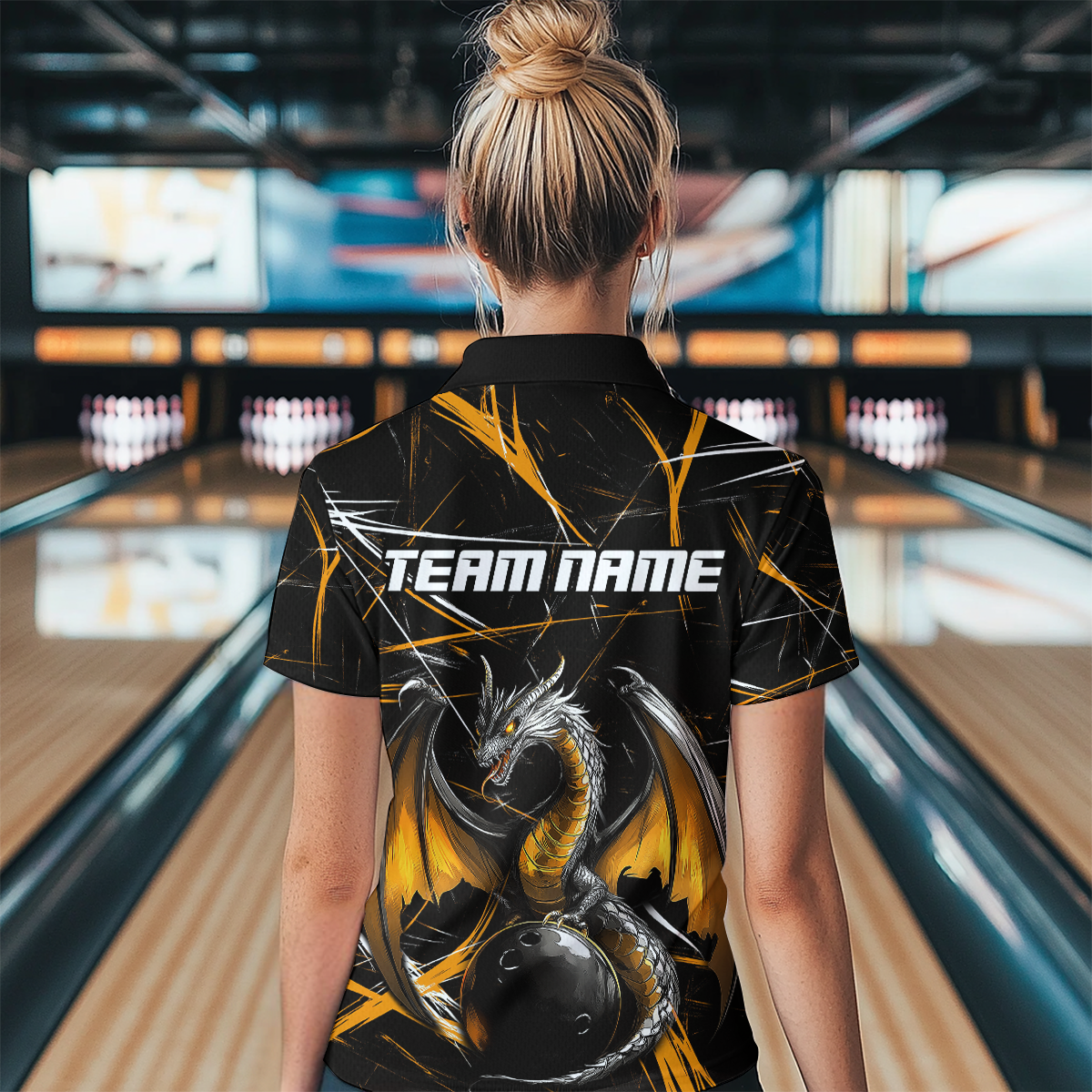 Black & Gold Dragon Bowling Shirt Custom Polo Bowling Jersey for Men Women QZT682