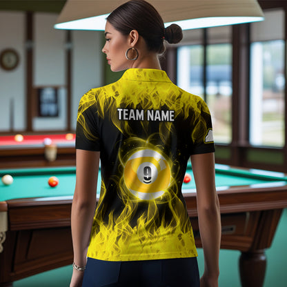 Personalized Yellow Flaming Billiard Jerseys 9 Ball Pool Billiard Shirts for Women Team Polo & 1/4 Zip Shirt NNT32