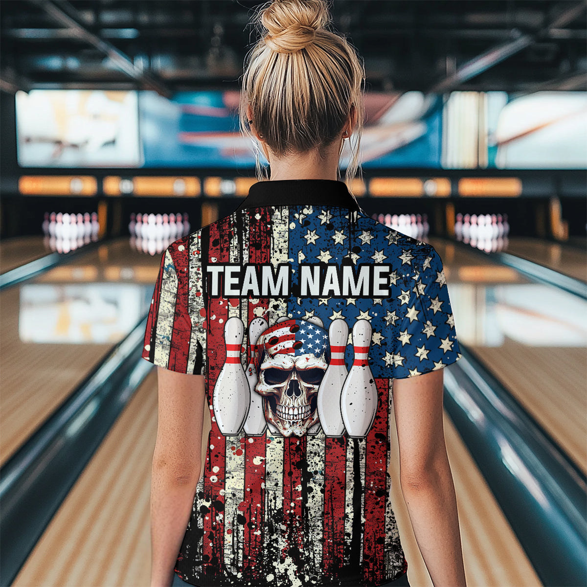 Skull US Flag Bowling Custom Women Bowling Shirt Polo & Quarter-Zip Bowling Team Jerseys HNT58