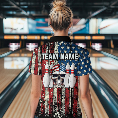 Skull US Flag Bowling Custom Women Bowling Shirt Polo & Quarter-Zip Bowling Team Jerseys HNT58