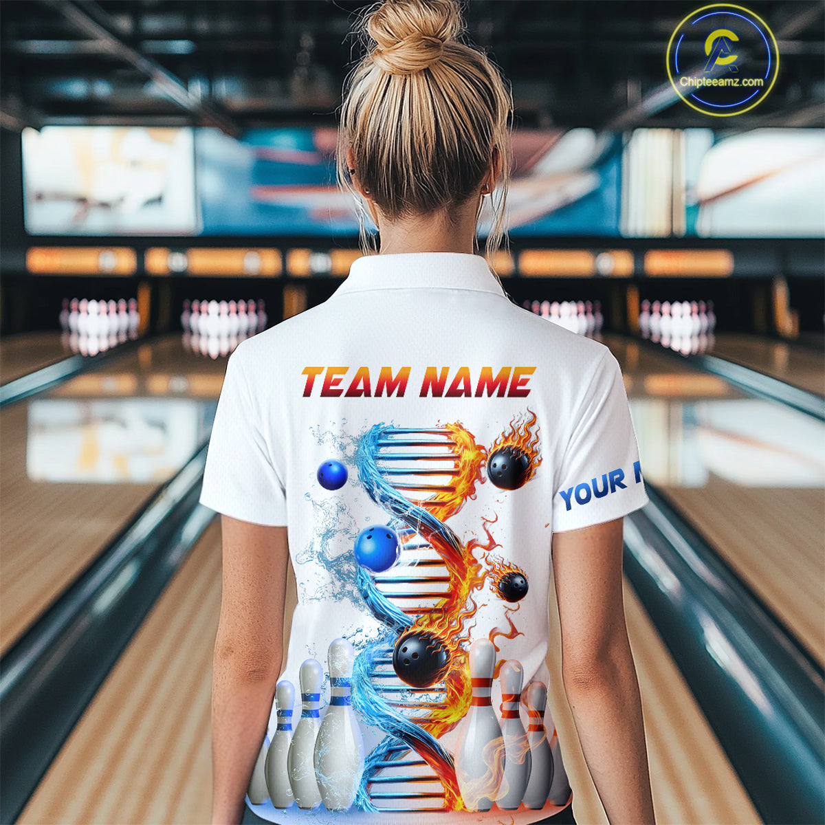 Woman wearing custom ice and fire DNA bowling polo shirt, back view mockup, personalized bowling league jersey.