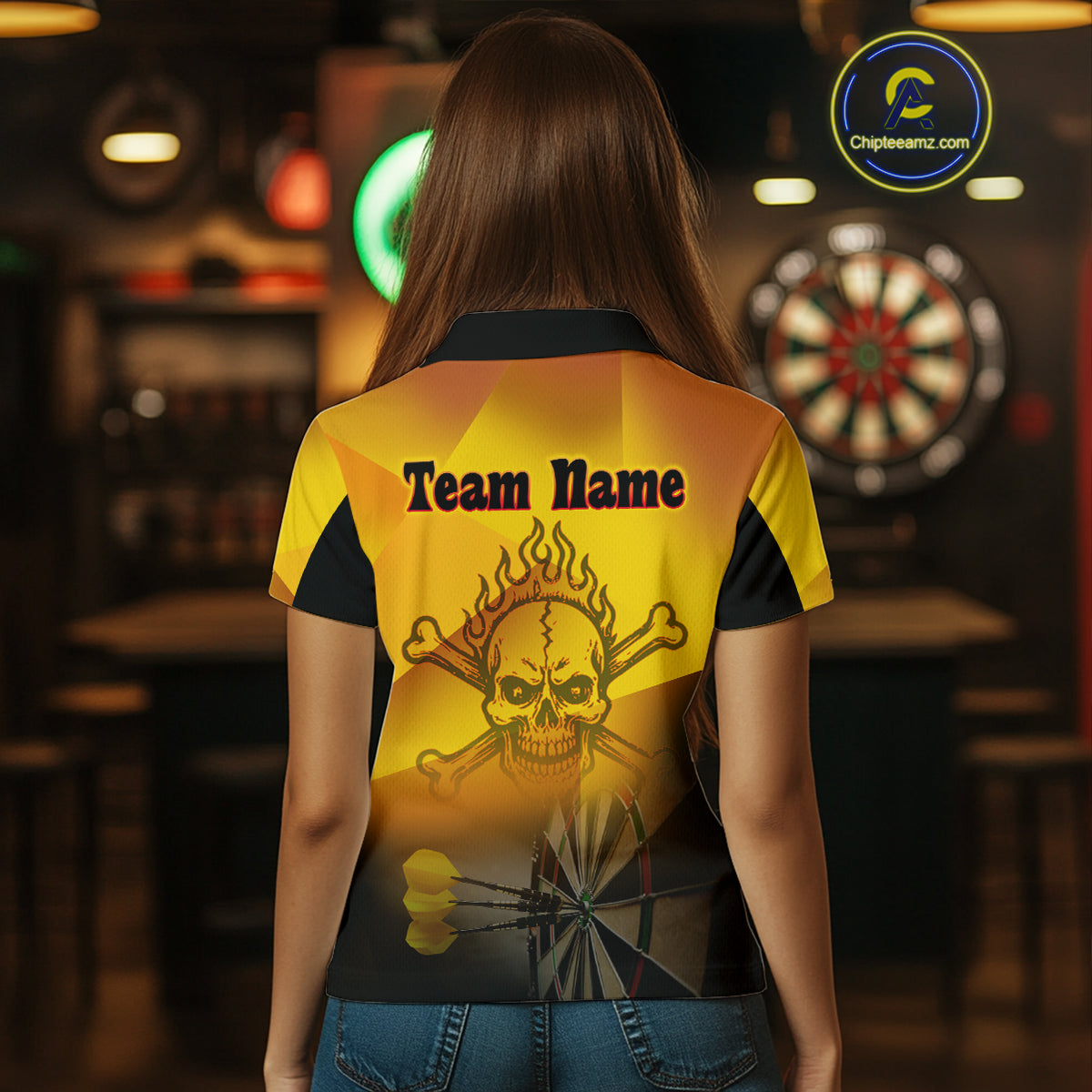 Women's Personalized Dart Shirts With Fire Skull And Yellow Darts Theme NYN0256