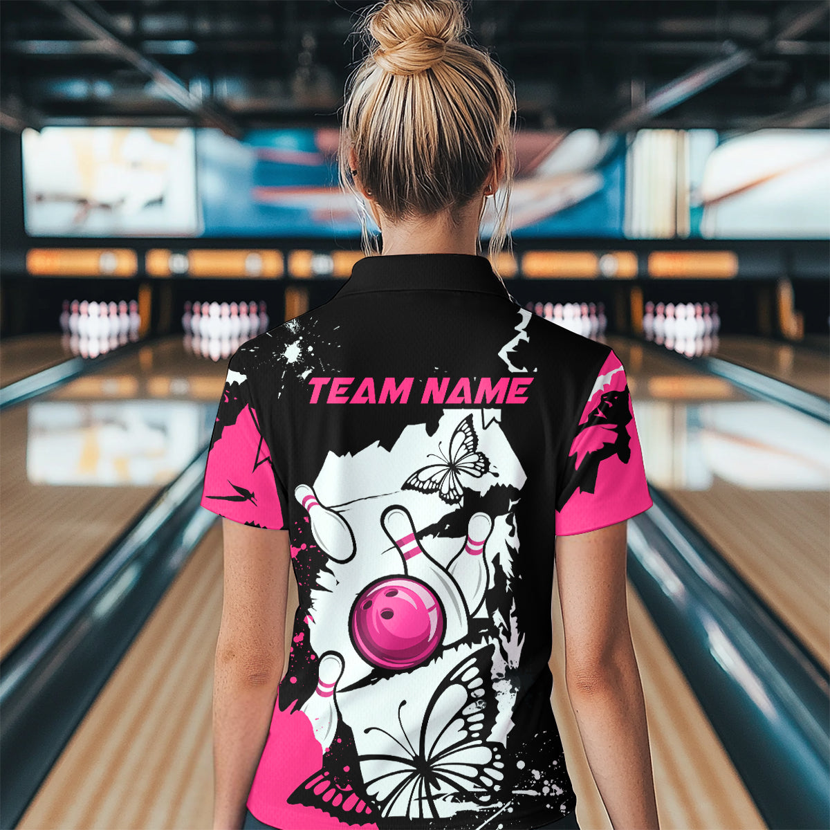 Custom Pink Butterflies Bowling Shirt for Men Women Team Bowling Polo&Quater Zip MBL76