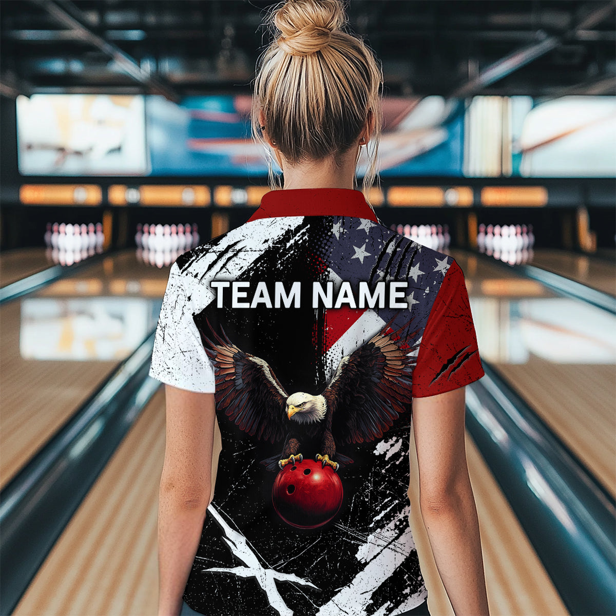 US Flag Eagle Custom Name Bowling Team Shirts For Women Bowling League Polo & 1/4 Zip Shirt HNT06