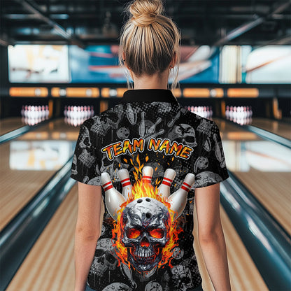 Women Skull Custom Bowling Team Shirts Unisex Bowling Women Short Sleeve Polo & Quarter-Zip HNT42