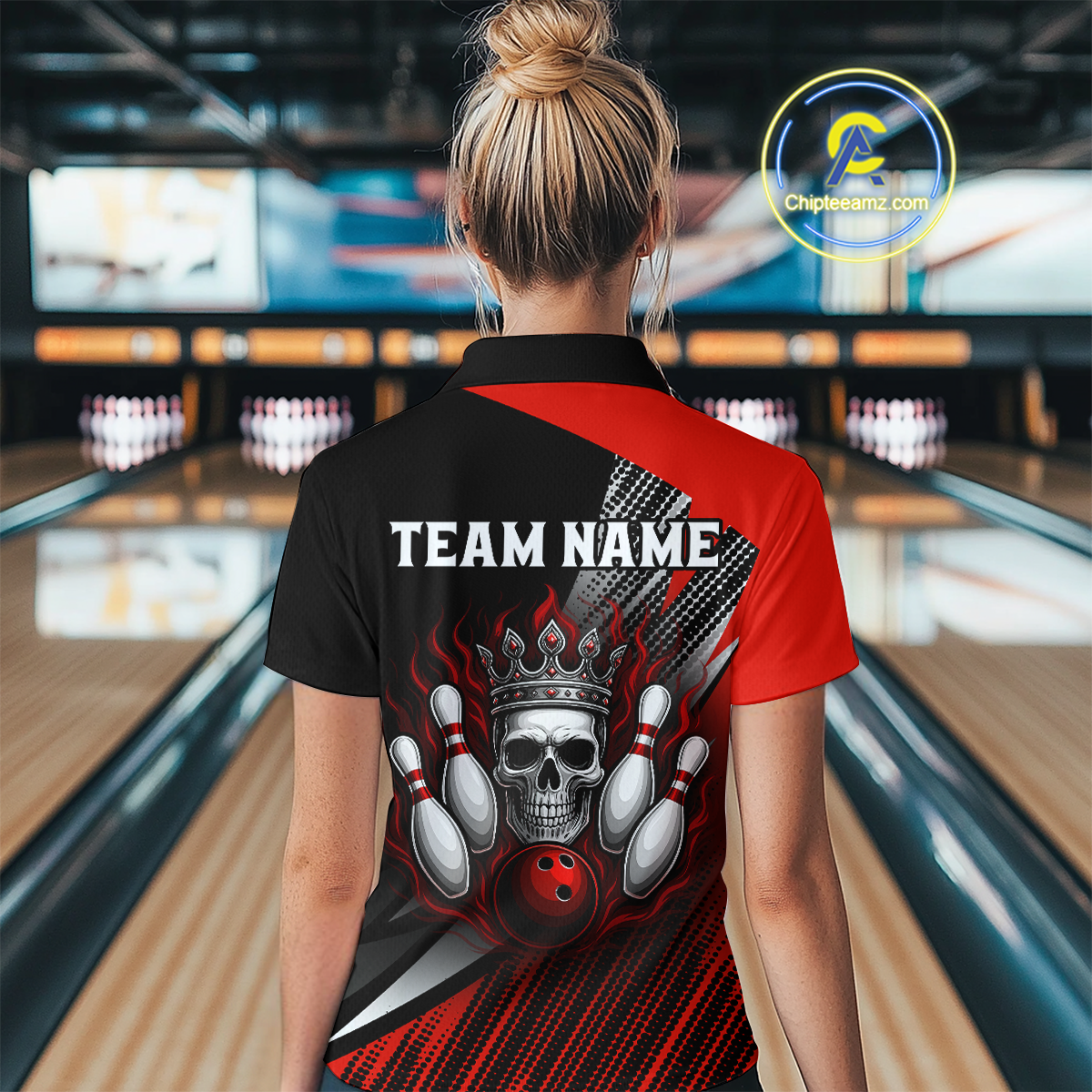 Red Skull Crown Bowling Custom Women Bowling Shirt Polo & Quarter-Zip Bowling Team Jerseys HNT65
