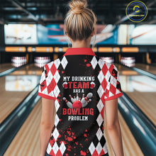 Load image into Gallery viewer, Red argyle pattern Retro Bowling Shirts For Women Custom My drinking team has a bowling problem NQS9825