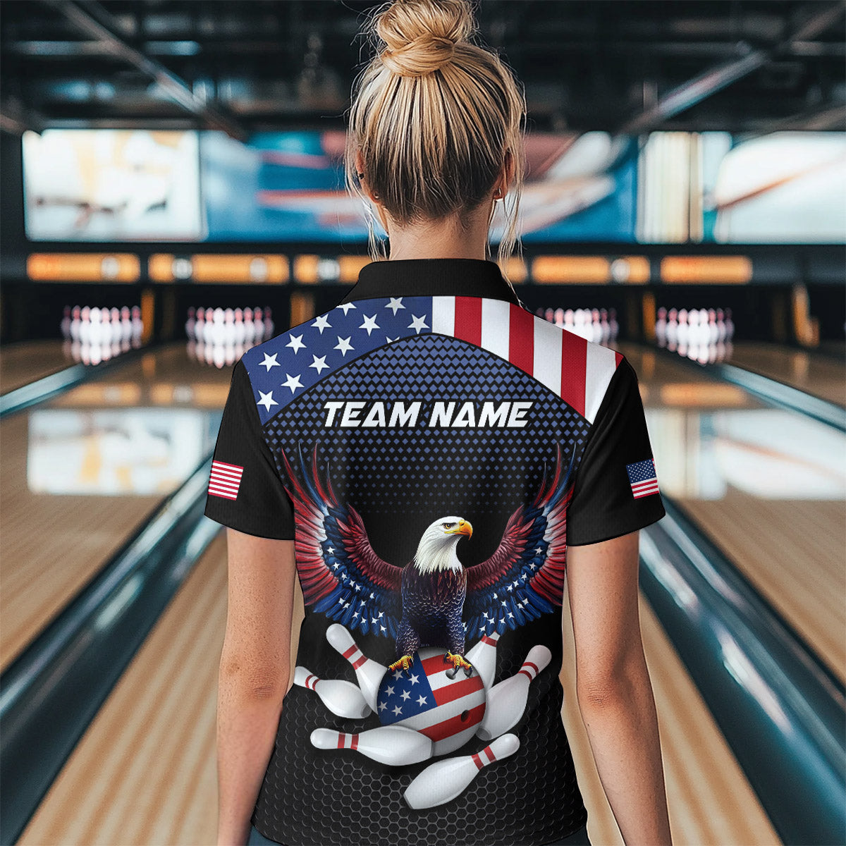Woman wearing custom american flag with eagle bowling polo shirt, back view mockup, personalized bowling league jersey.