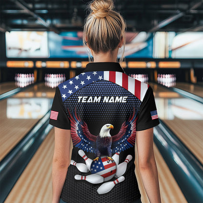 Woman wearing custom american flag with eagle bowling polo shirt, back view mockup, personalized bowling league jersey.