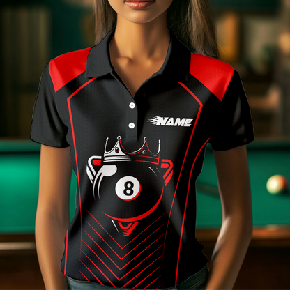 Customized Red 8 Ball Pool Crown Women's Billiard Shirts, Billiard Team Shirts Polo & 1/4 Zip Shirts NNT37