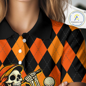 Funny Women golf polo shirt custom orange and black argyle plaid Halloween Skull ladies golf attire NQS10355