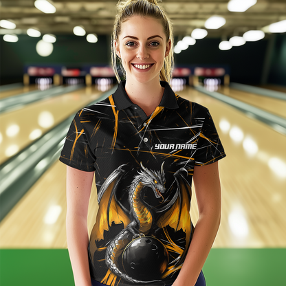 Black & Gold Dragon Bowling Shirt Custom Polo Bowling Jersey for Men Women QZT682