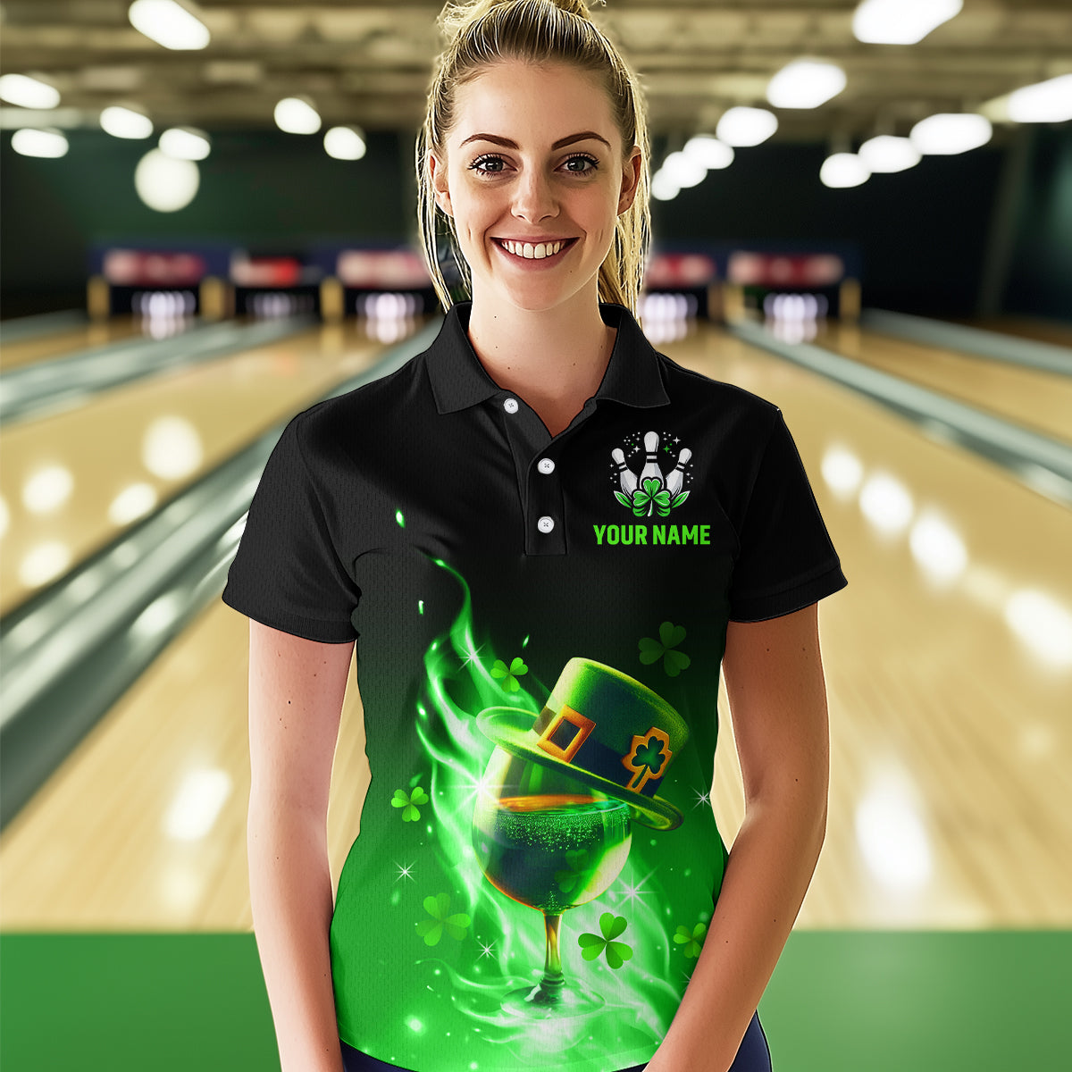 Custom Bowling Shirt Unisex Green Shamrock Lucky Clover Polo Bowling Jersey QZT624