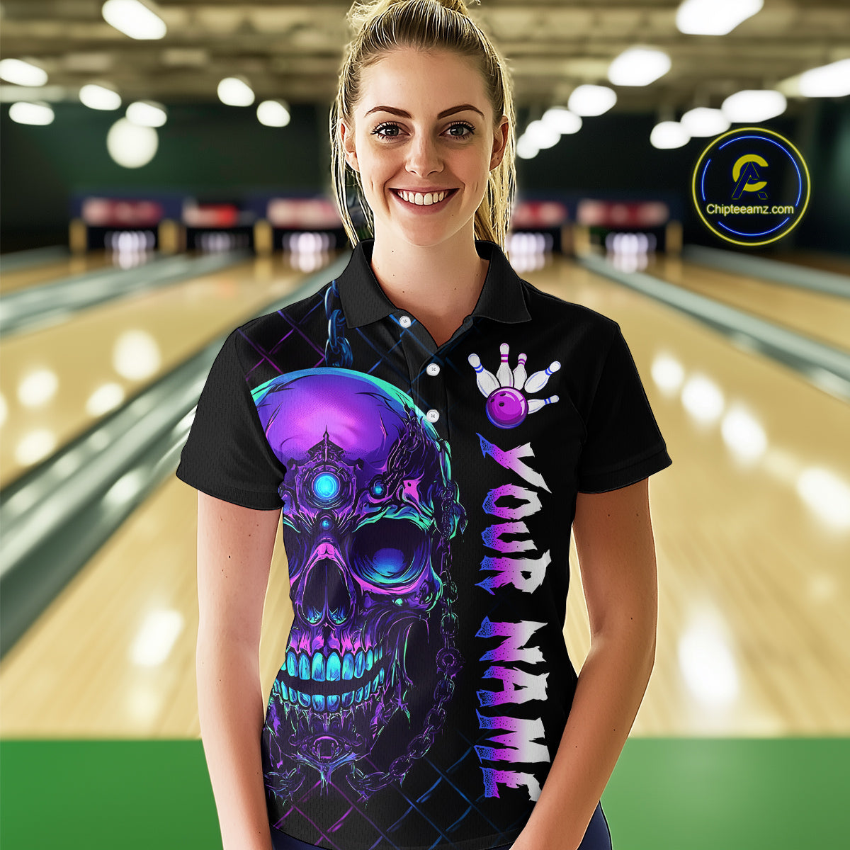 Purple Skull Bowling Custom Women Bowling Shirt Polo & Quarter-Zip Bowling Team Jerseys HNT51