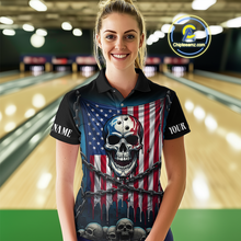 Load image into Gallery viewer, US Flag Skull Bowling Custom Women Bowling Shirt Polo &amp; Quarter-Zip Bowling Team Shirts HNT74