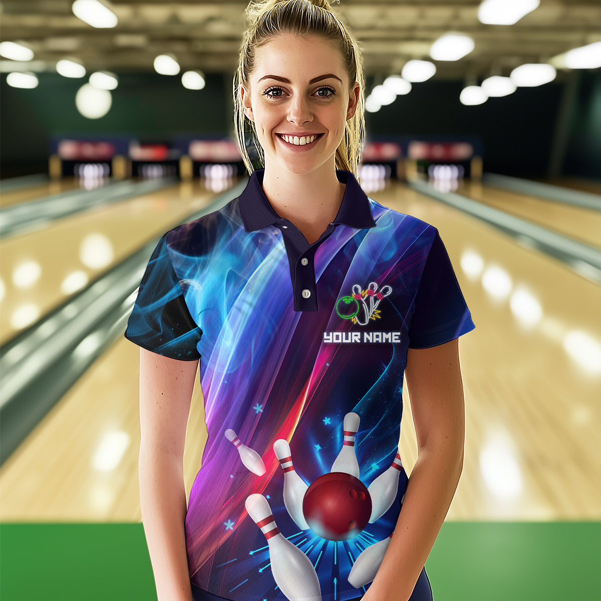 Personalized Galaxy Bowling Pins and Ball Shirt Blue & Purple Neon Polo Bowling Team League QZT664