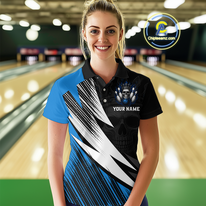 Blue Skull Crown Bowling Custom Women Bowling Shirt Polo & Quarter-Zip Bowling Team Jerseys HNT65