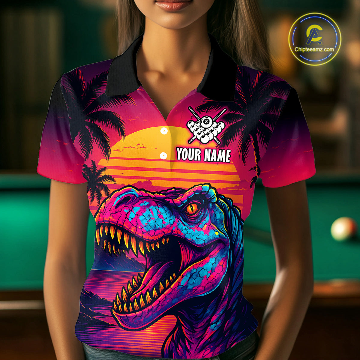 Custom Neon Dinosaur 8 Ball Billiard Shirt for Men Polo & Quarter-Zip Billiard Team Jerseys NNT81