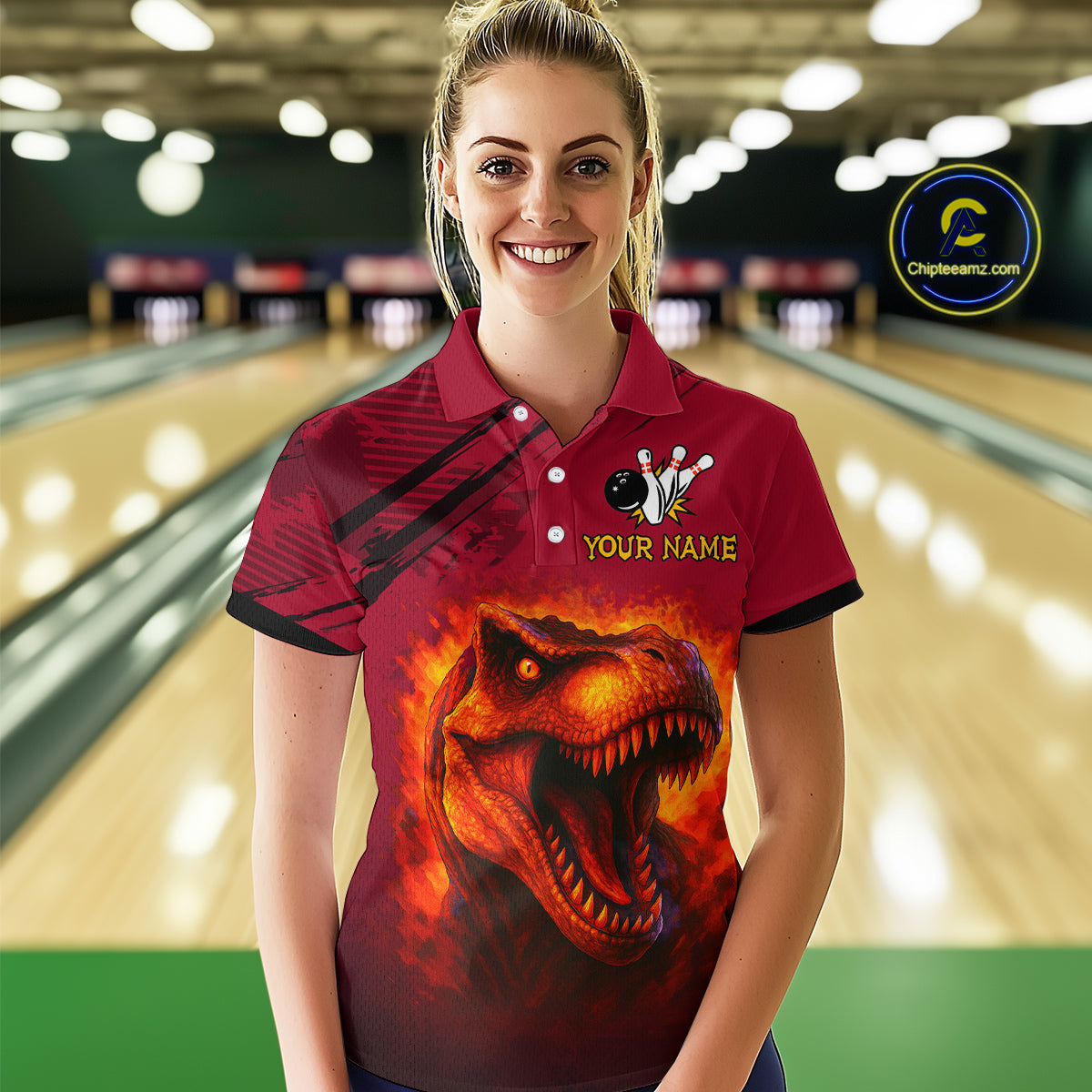 Red Dinosaur Bowling Custom Women Bowling Shirt Polo & Quarter-Zip Bowling Team Jerseys HNT72