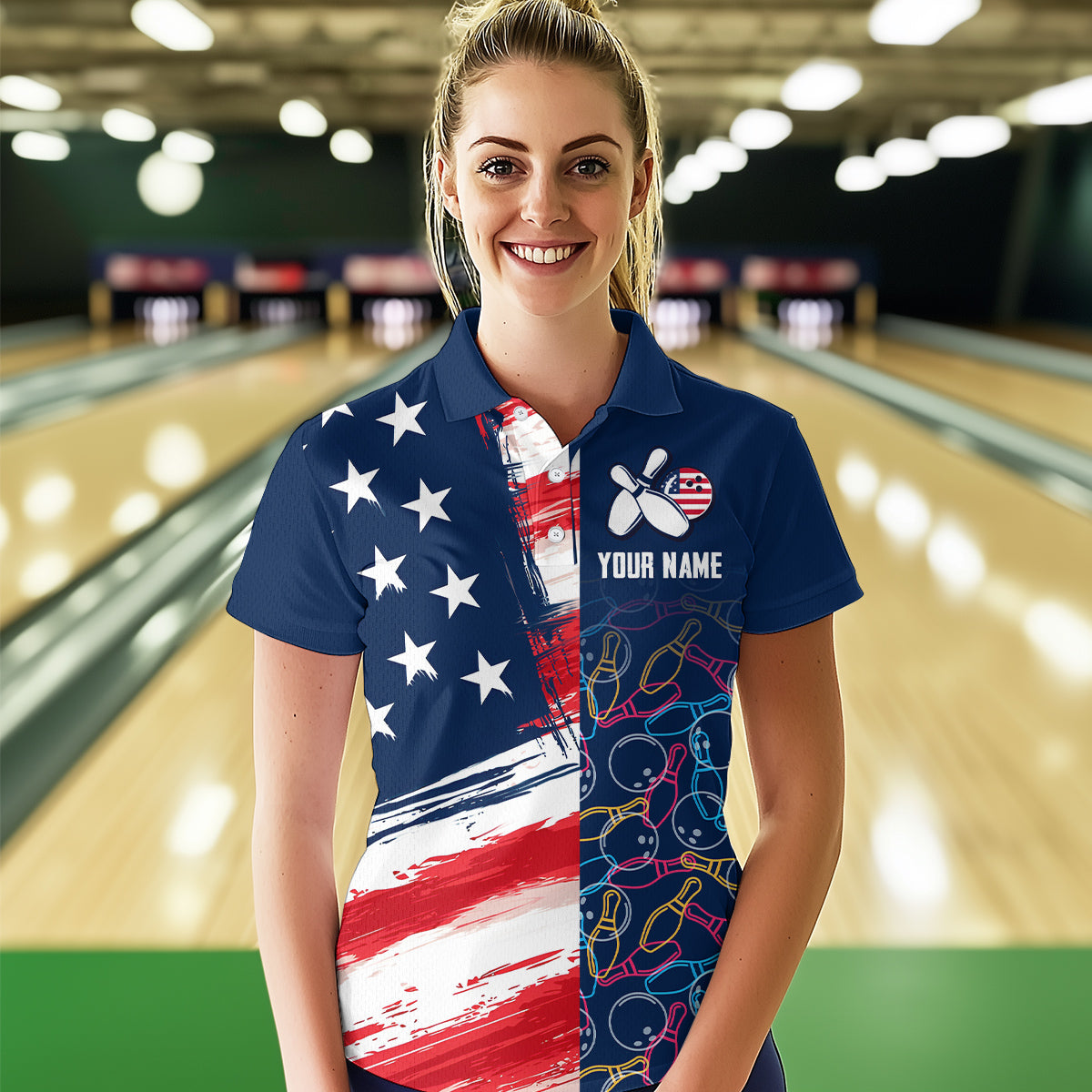 American Flag Bowling Shirts Patriotic Bowling Shirt for Men Women Polo&1/4 Zip Shirt MBL21