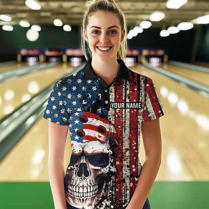 Skull US Flag Bowling Custom Women Bowling Shirt Polo & Quarter-Zip Bowling Team Jerseys HNT58