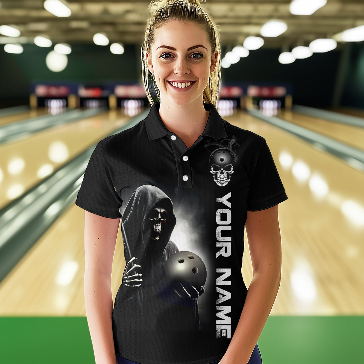 Custom Skull Bowling Shirts Unisex Polo Bowling Team Jersey Black Bowling League QZT631