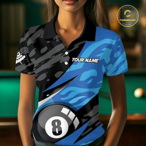 Blue Camo 8 Ball Billiard Shirts for Women Billiard Team Shirts Billiard Uniform Polo & 1/4 Zip NNT77