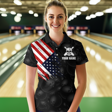 Load image into Gallery viewer, Skull US Flag Bowling Shirt for Women Personalized Patriotic Bowling Team Jersey Shirts Polo &amp; Quarter-Zip HNT31