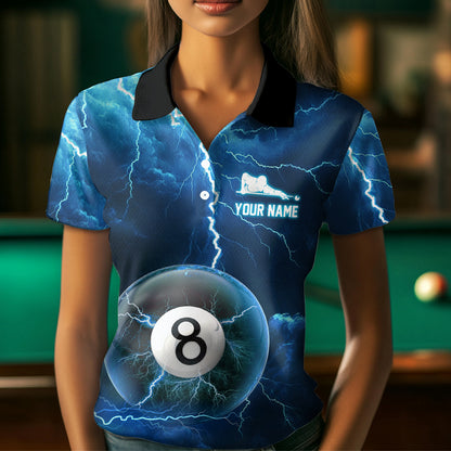 Blue Thunder 8 & 9 Ball Billiards Shirt Women Team Polo & 1/4 Zip Shirts Billiard Jersey NNT17