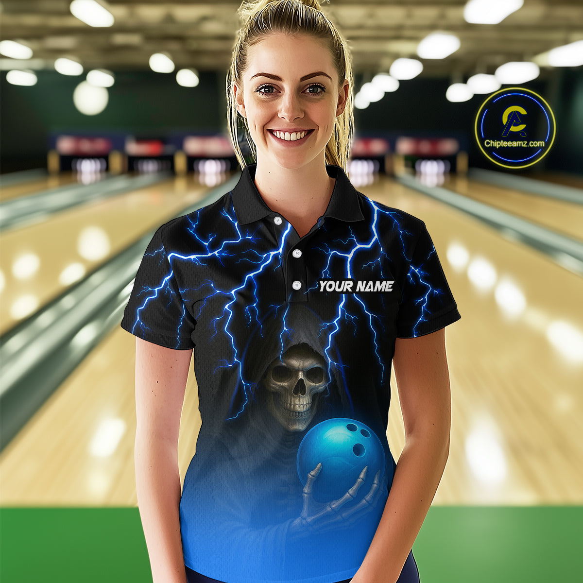 Custom Blue Thunder Skeleton Bowling Jersey for Women Bowling Polo & 1/4 Zip Bowling Team Shirts HNT108