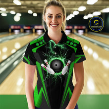 Load image into Gallery viewer, Black Women bowling Polo, 1/4 Zip shirt Custom lightning thunder team league bowling jersey | Green NQS10374
