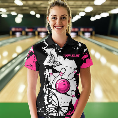 Custom Pink Butterflies Bowling Shirt for Men Women Team Bowling Polo&Quater Zip MBL76