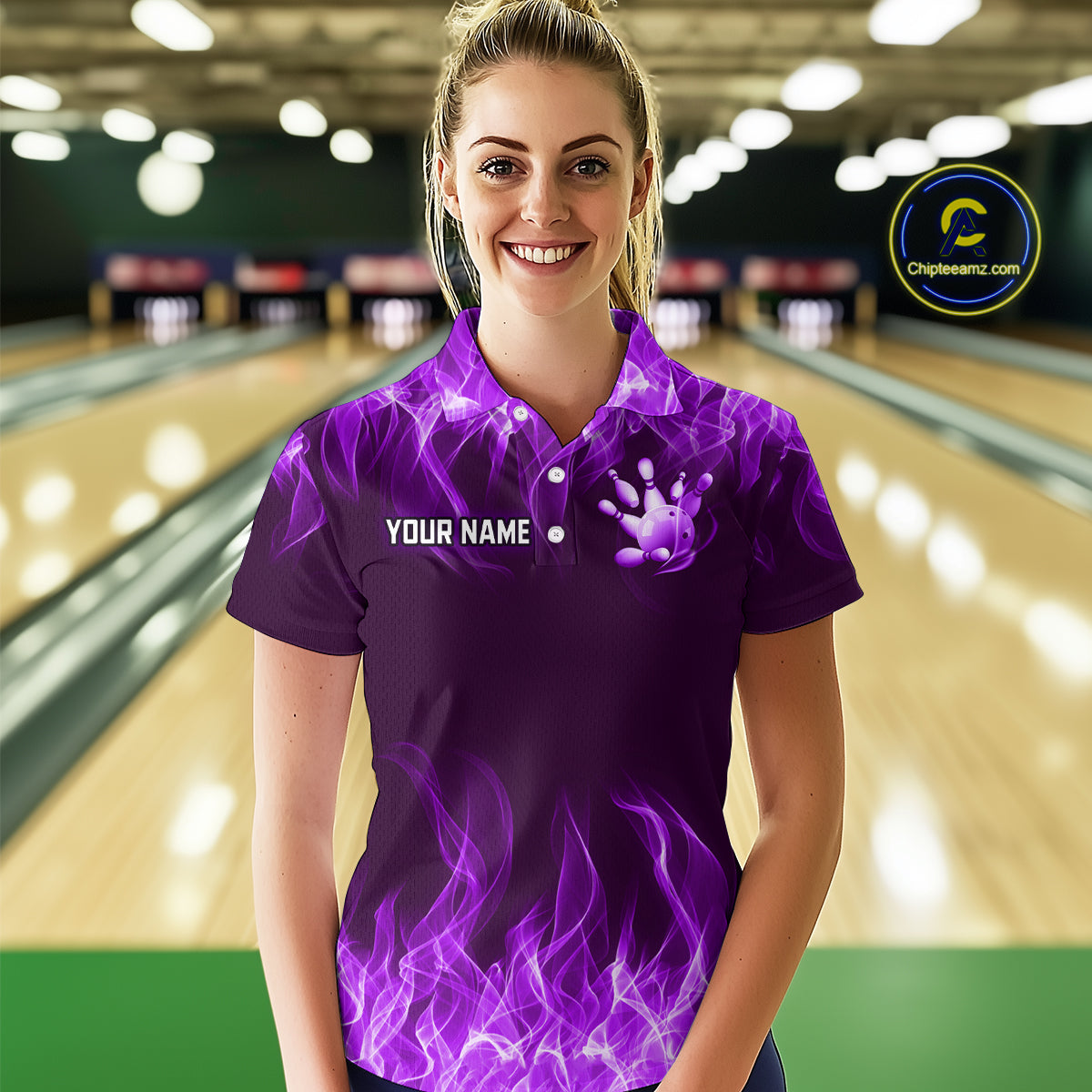 Custom Purple Flame Bowling Jersey for Women Bowling Uniform Polo & 1/4 Zip Bowling Team Shirts HNT106
