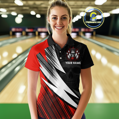 Red Skull Crown Bowling Custom Women Bowling Shirt Polo & Quarter-Zip Bowling Team Jerseys HNT65