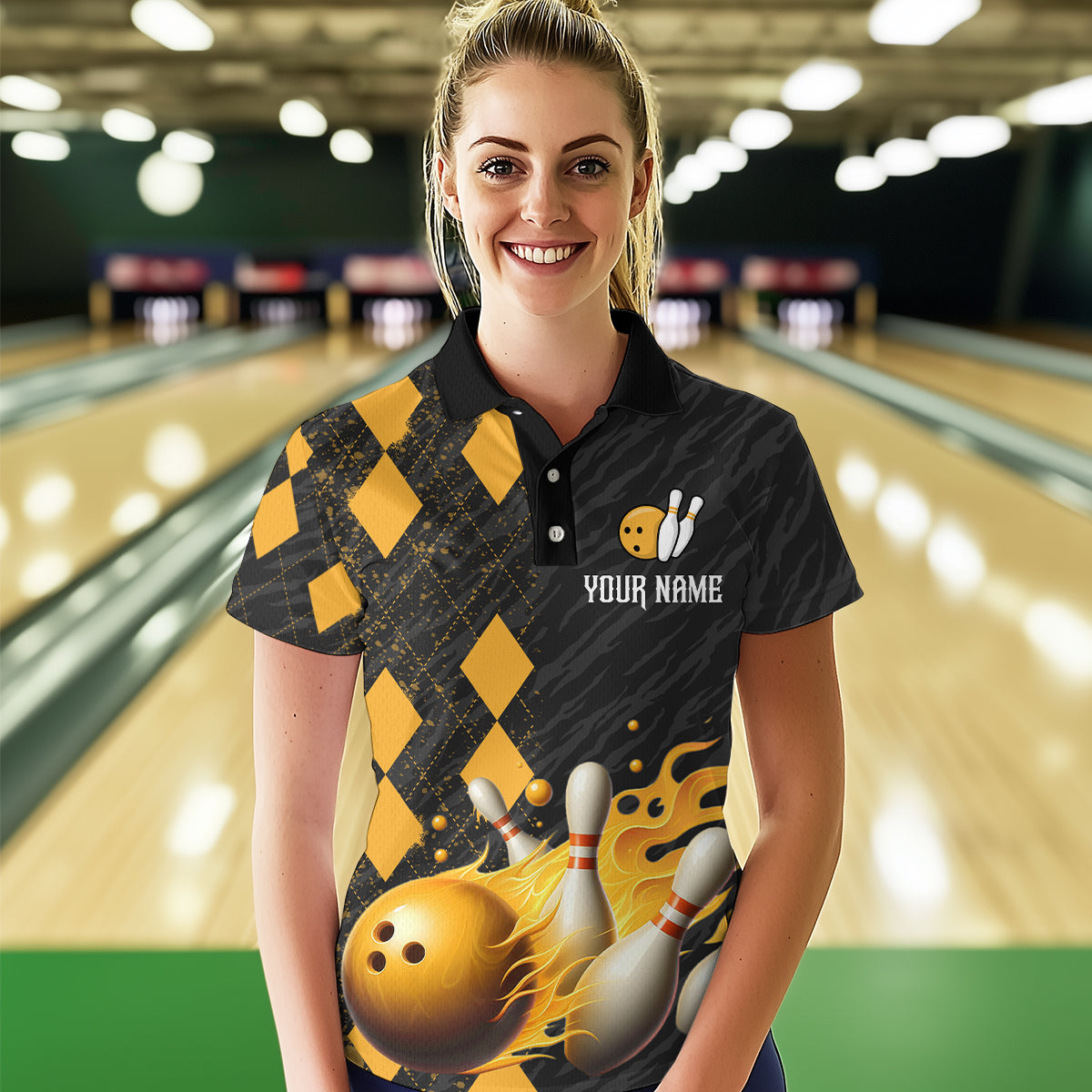 Flame Yellow Bowling Team Shirt Custom Bowling Jersey for Men Women Flame Polo Shirt QZT679