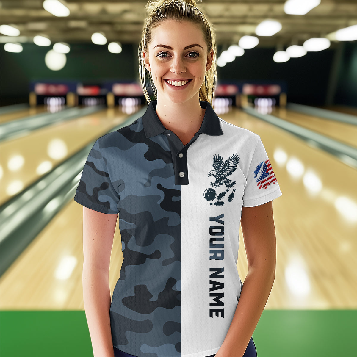 Camouflage Bowling Shirt Custom Eagle Bowling Team Jersey Patriotic Polo Shirt QZT676