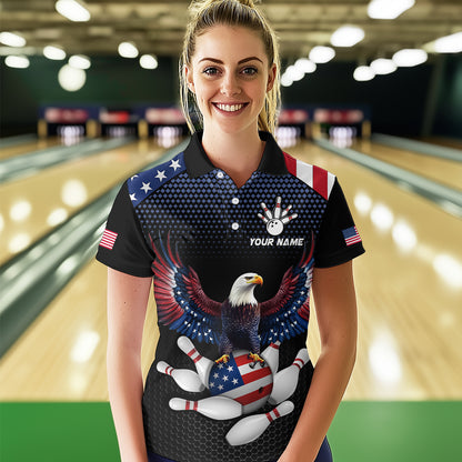 Woman wearing custom american flag with eagle bowling polo shirt, front view mockup, personalized bowling league jersey.