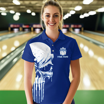 Custom Skull Bowling Shirt Blue Bowling Jersey for Men Women Team Polo&1/4 Zip MBL58