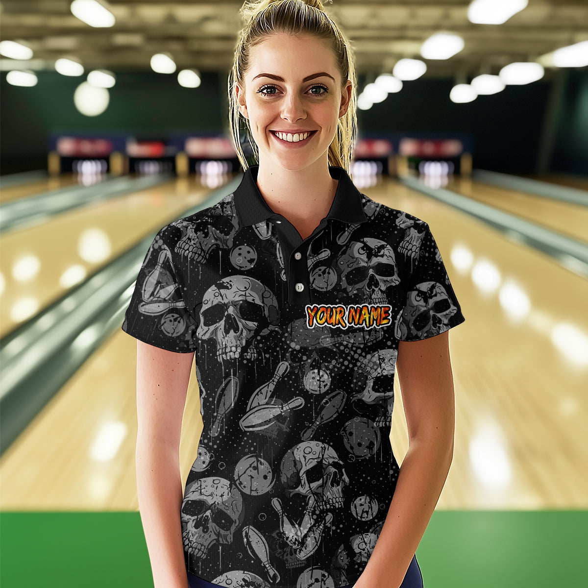Women Skull Custom Bowling Team Shirts Unisex Bowling Women Short Sleeve Polo & Quarter-Zip HNT42