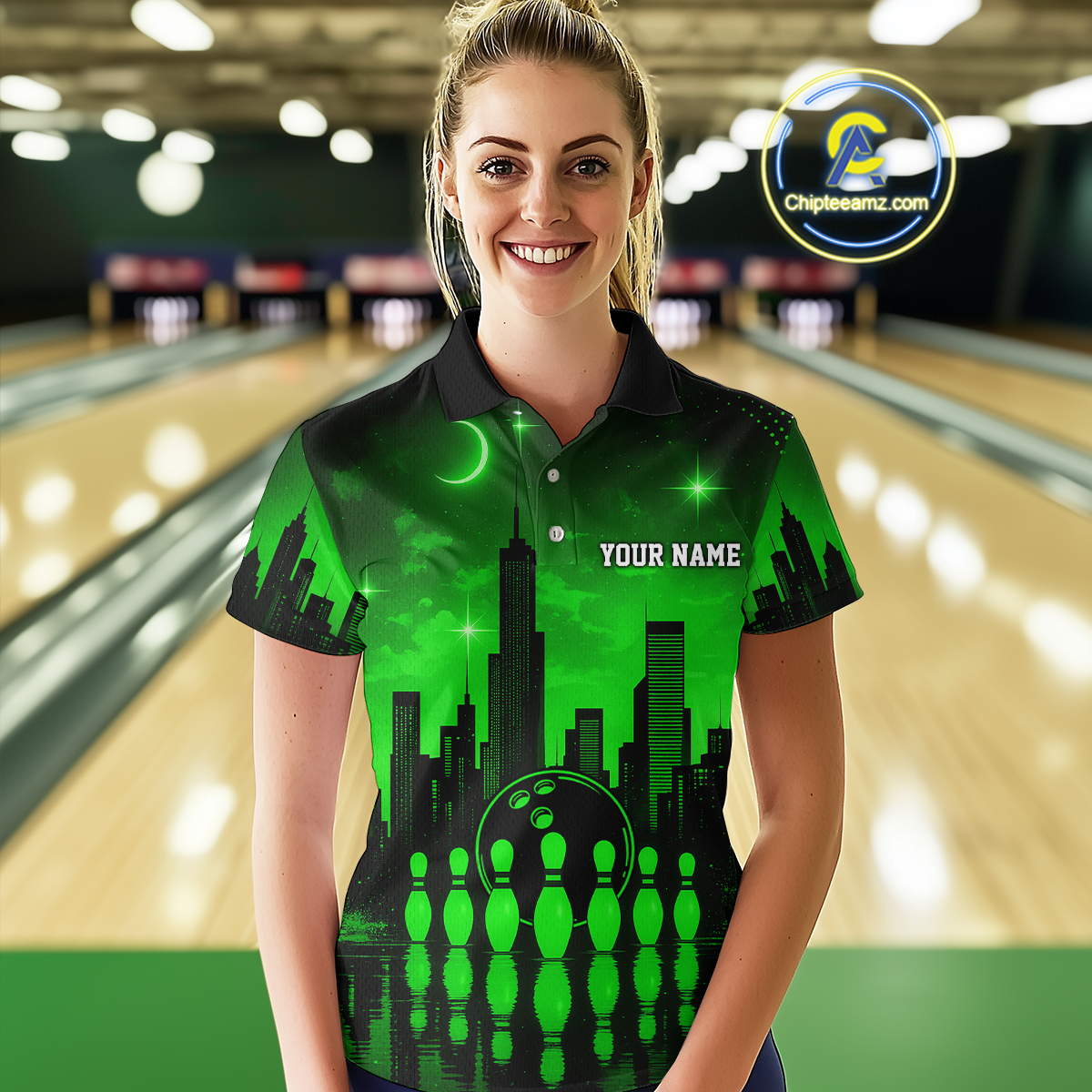 Green Bowling Custom Women Bowling Shirt Polo & Quarter-Zip Bowling Team Jerseys HNT66